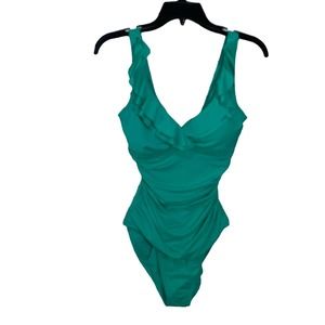 LRL Beach Club Underwire Ruffle Surplice V-Neck One Piece swimsuit green,6